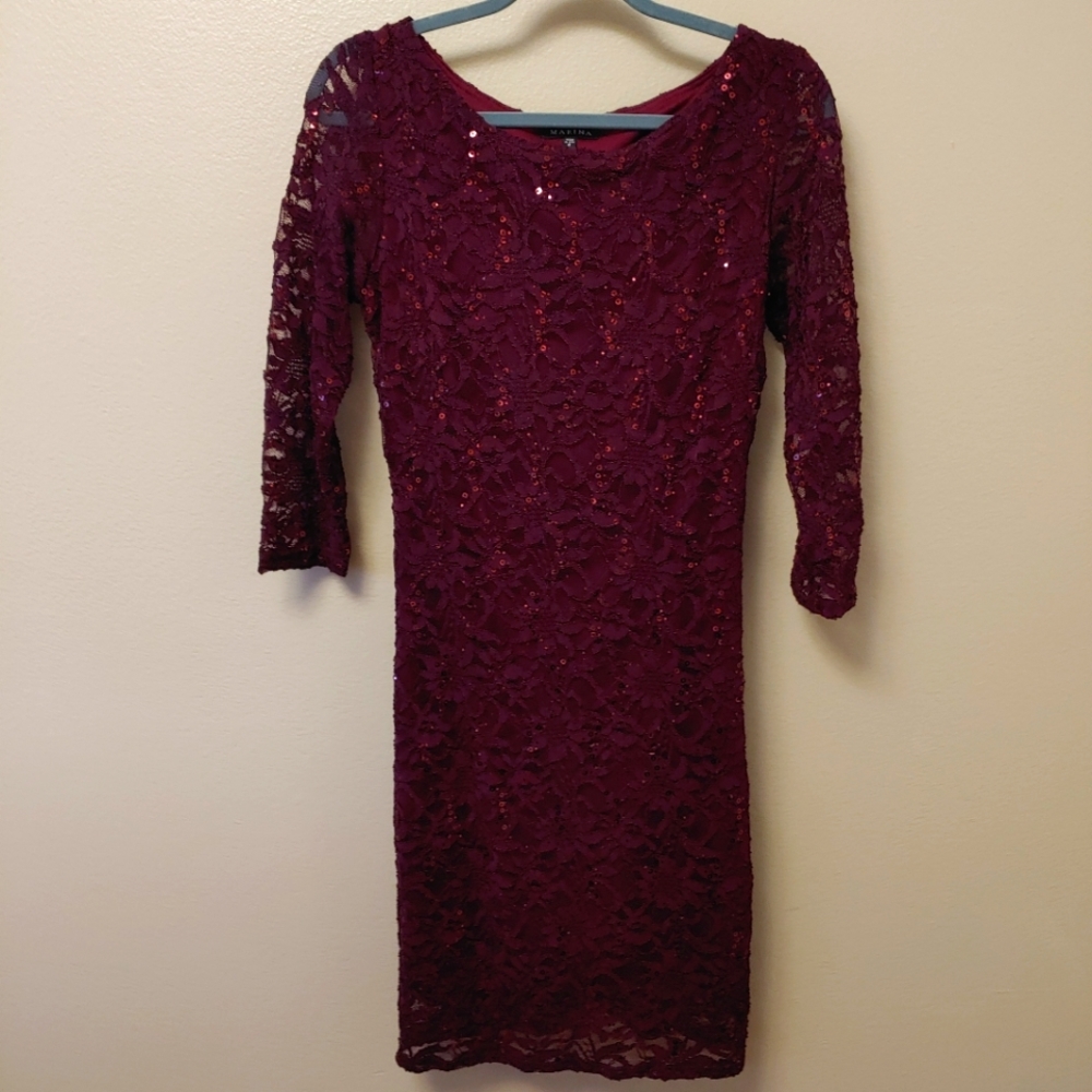 Marina, Size 8, Burgundy Lace & Sequin Dress